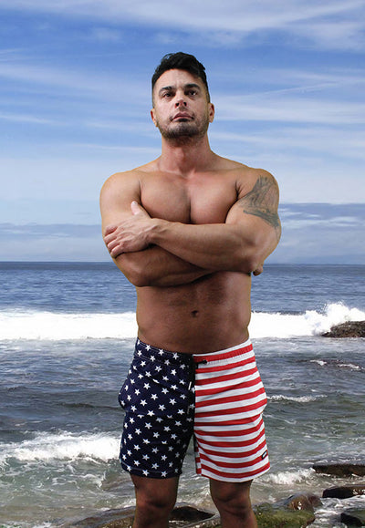 USA Flag Mens Swim Trunk Lined Shorts with Pockets By Neptio